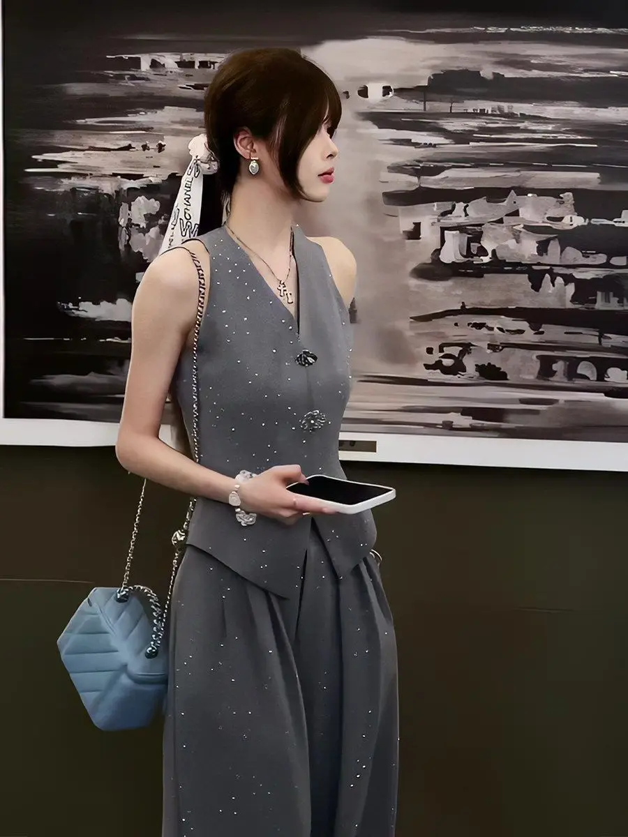 Elegant V-neck Sleeveless Blazer Vest Set for Women 2026 Summer New High-Waisted Wide-Leg Pants 2-piece set fashion