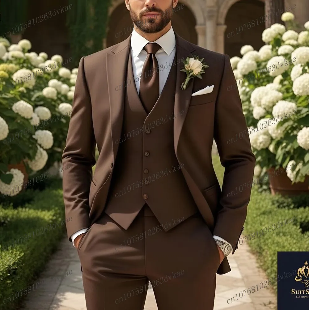 

New Dark Brown Formal Men Suit Wedding Party Groom Groomsman Prom Business Male Tuxedos 3 Piece Set Jacket Vest Pants