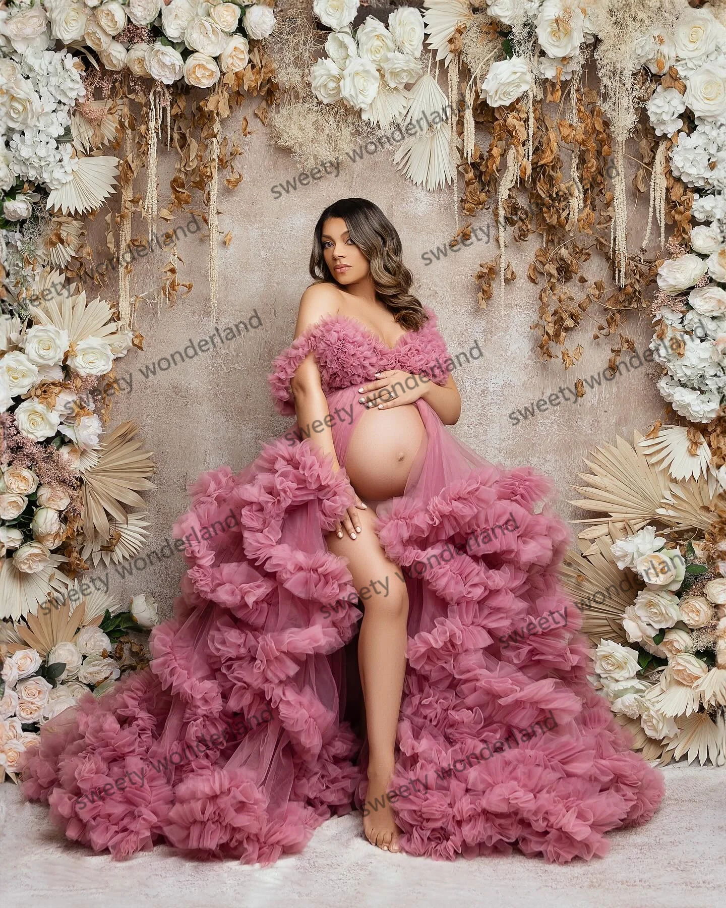 2024 Prom Dresses Women Ruffles Maternity Photoshoot Dress Plus Size Fluffy Baby Shower Gowns Front Slit Pink Vestido de Novia