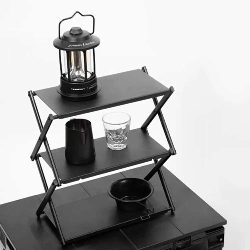 3 Tier Folding Storage Shelf Multi-Function Portable Camping Organizer Heavy Duty Camping Shelf Rack for Backyard Beach