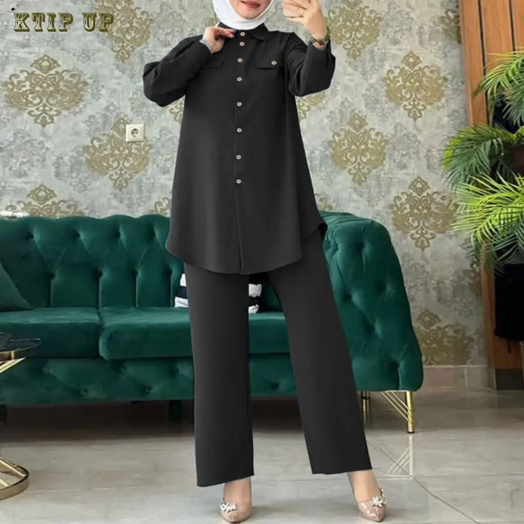 Elegant Full Sleeve Shirts and Wide Leg Pants Set for Women, Urban Tracksuits, Elegant Pant Sets, Turkish Blouse, Arab Fashion