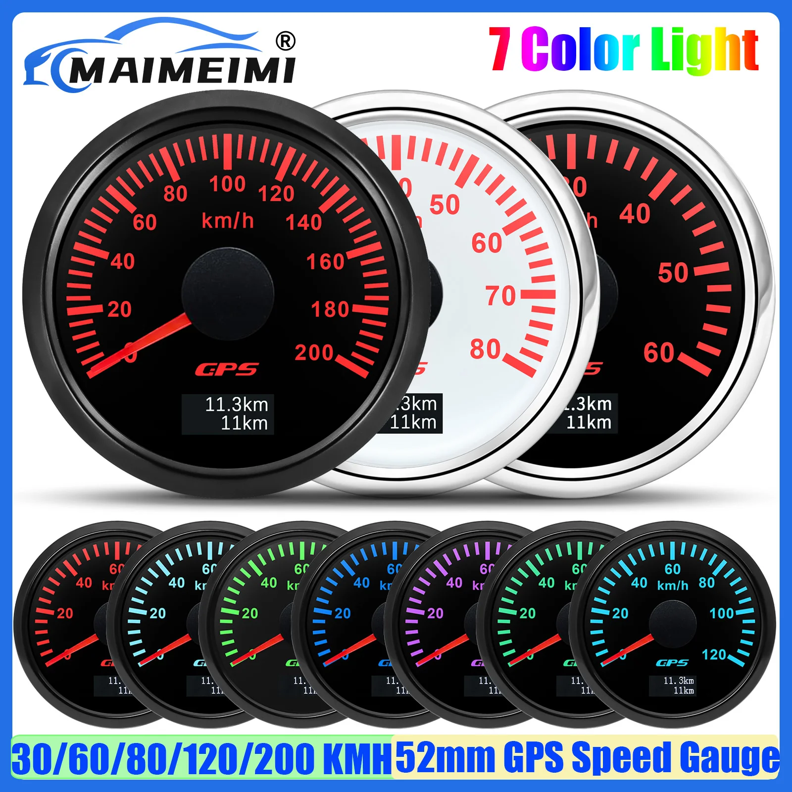 

2"52MM GPS Speedometer Gauge+Antenna 30/60/80/120/200KM/h Gasoline Diesel Boat Car Truck Speed Meter 7 Color Backlight DC12V24V
