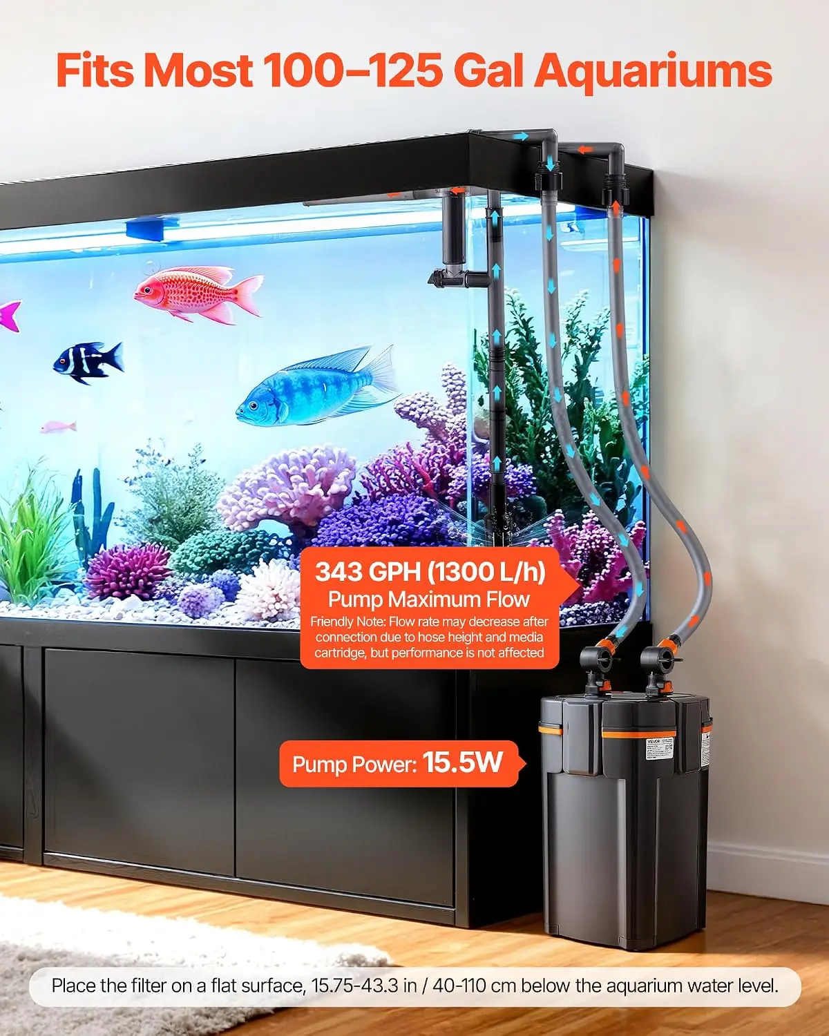 343GPH Canister Filter, 4-Stage External Aquarium Filter with Timed Light, Powerful Pump, Water Circulation Cleaning with Media