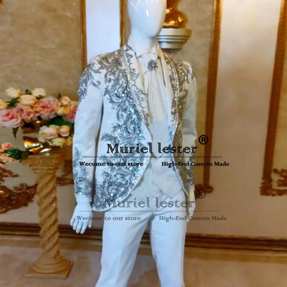 Man Exquisite Embroidered Beaded Tuxedo Suits Single Breasted Men's Blazers Customized 3 Pieces Formal Party Groom Wear Dress