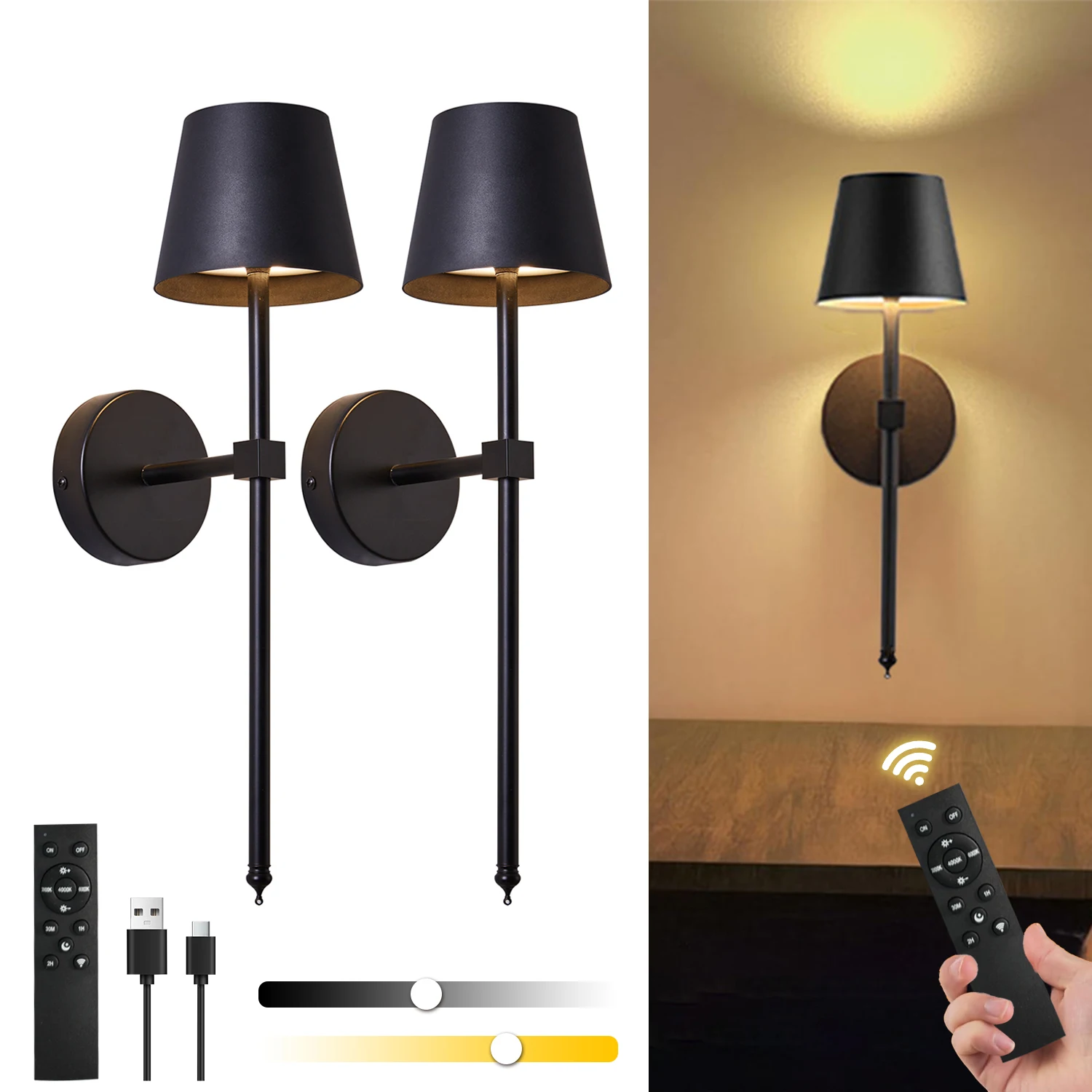

2P LED Wall Lights Modern USB Rechargeable Decor Wall Lamps Remote Control Dimming Bedroom Living Room Indoor Home Wall Lighting