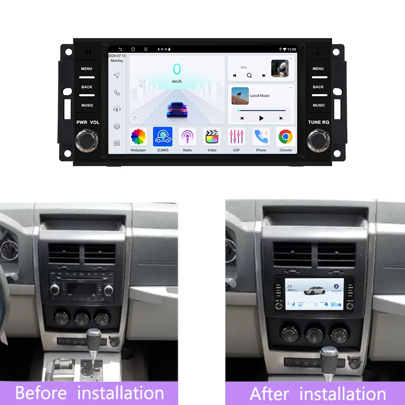 7 "4 + 64GB لسيارة جيب ليبرتي 2008-2013 راديو السيارة جوجل خريطة أندرويد 15 وحدة رأس تلقائية لاسلكية Carplay نظام تحديد المواقع عجلة القيادة التحكم