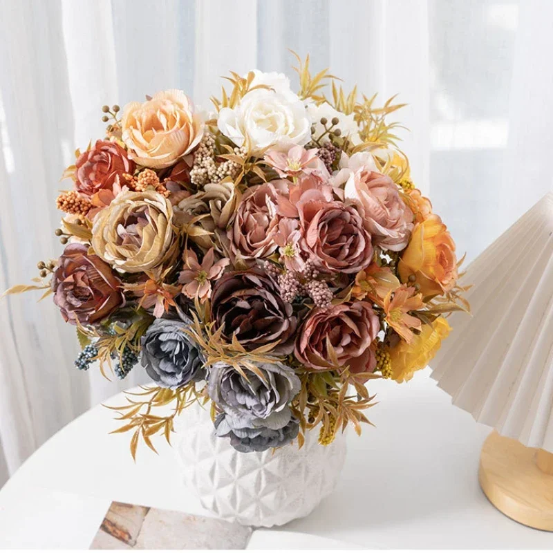 

Pink Silk Peony Artificial Flowers Rose Wedding Home DIY Decor High Quality Big Bouquet Foam Accessories Craft White Fake Flower