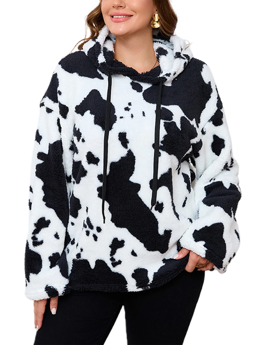 2025 Winter Fat Girls Cow Printed Plush Coat Women's Casual Loose Long Sleeve Drawstring Hoodie Sweatshirt Oversized Warm Jacket