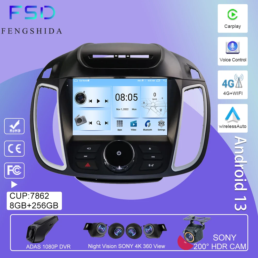 Car Radio Android 13 Carplay For Ford Kuga 2 Escape 3 2012-2019 Navigation GPS Android Auto Multimedia Player 5G Wifi No 2 din