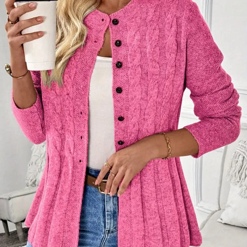 Women Cable Knit Cardigan Long Sleeve Button Front Ruffle Hem Peplum Sweater Elegant Slim Waist Knit Coat Spring Autumn