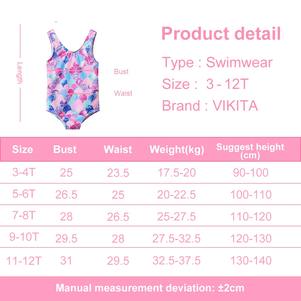 VIKITA Kids Mermaid Print Colorful Swimsuit One Piece Girls Backless Bathing Suits Children Swimwear Kids Travel Beachwear 4-10Y