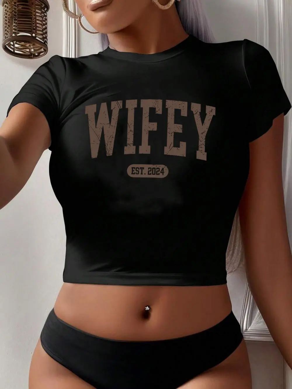 Summer Woman Crop T-Shirts Wifey Est.2024 Letter Printing Streetwear Breathable Stretch Soft Short Sleeve Fashion Female Clothes