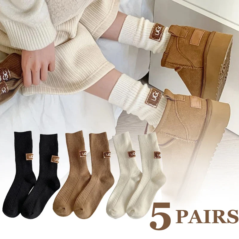 5/3Pairs Autumu Winter Socks Women Wool Cashmere Solid Warm Thickened Pile Sock Embroidered Logo Mid-Calf Casual Snow Boot Socks