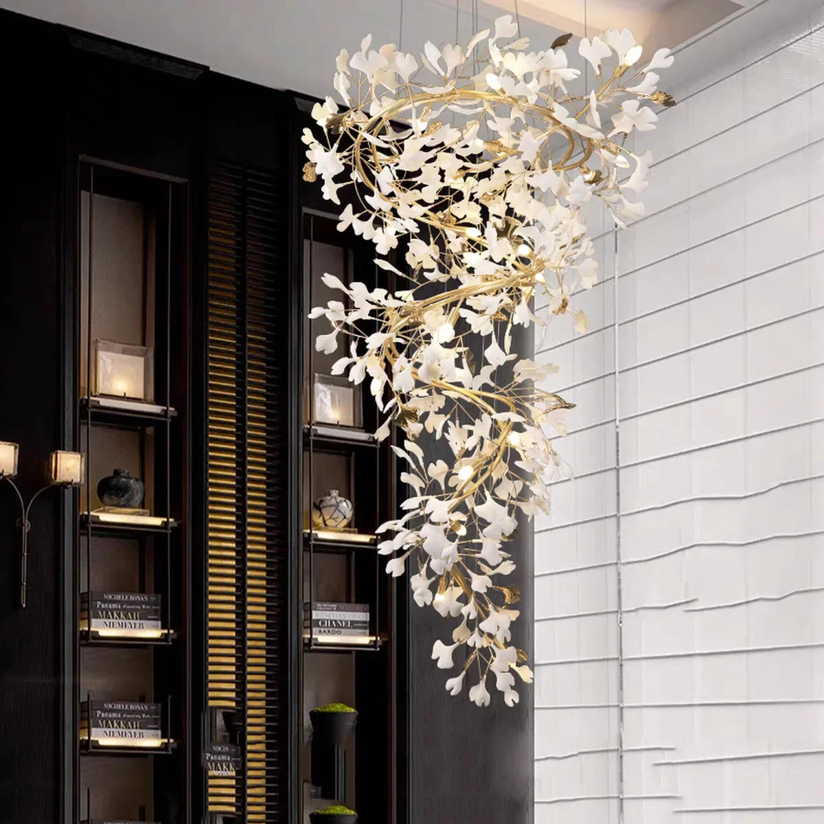 Cross-border large chandelier loft stair light  luxury villa empty loft living room lobby sales department ginkgo leaf