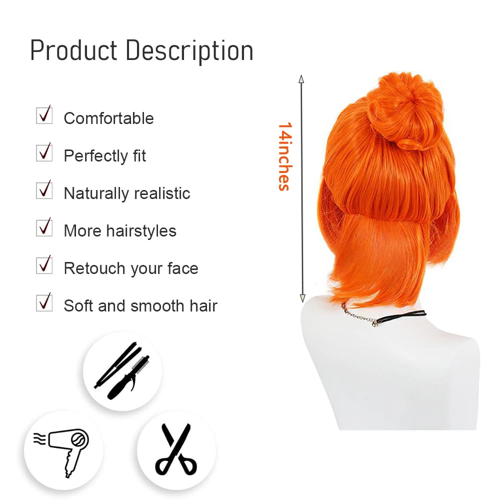 Lucy Wilde/Nami Cosplay Wig Pre-styled No Styling Bright Orange Half Up Bun Short Bob Heat Resistant Wig For Anime Halloween