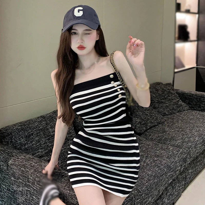 Ins Strapless Striped  Mini Dress Backless SheathWomen Sexy Korean FashionYoung Chic Simple Streetwear Hotsweet Ladies Summer