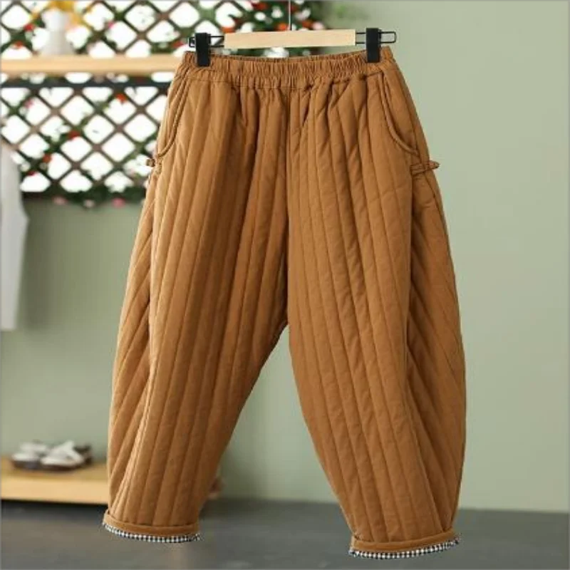 

2024 Winter Warm Clip Cotton Thickened Retro Down Cotton Pants for Women's Outwear Elastic Waist Loose Relaxed Pants