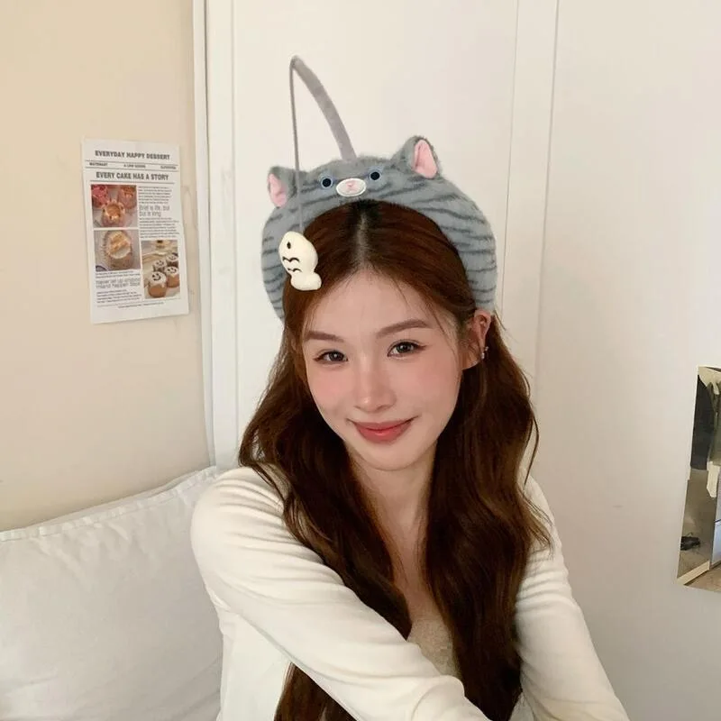 Cute Funny Cat Fishing Plush Headband, Sweet Girls Anti-slip Hair Hoop for Makeup Washing Face, Hair Accessories
