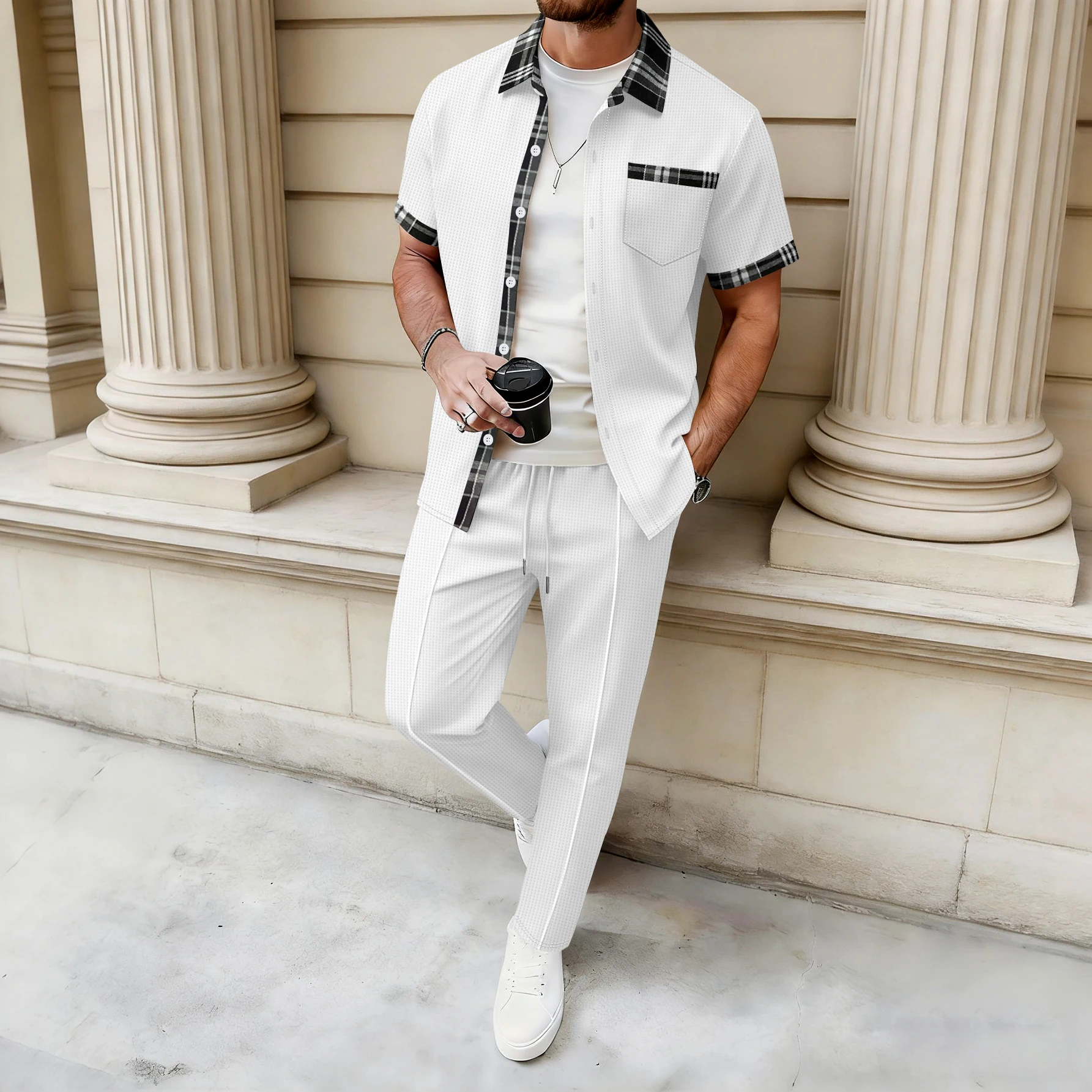 

Men's Trendy Waffle Knit Two-Piece Set Plaid Trim Collar Cuff Shirt + Drawstring Pants Casual Streetwear