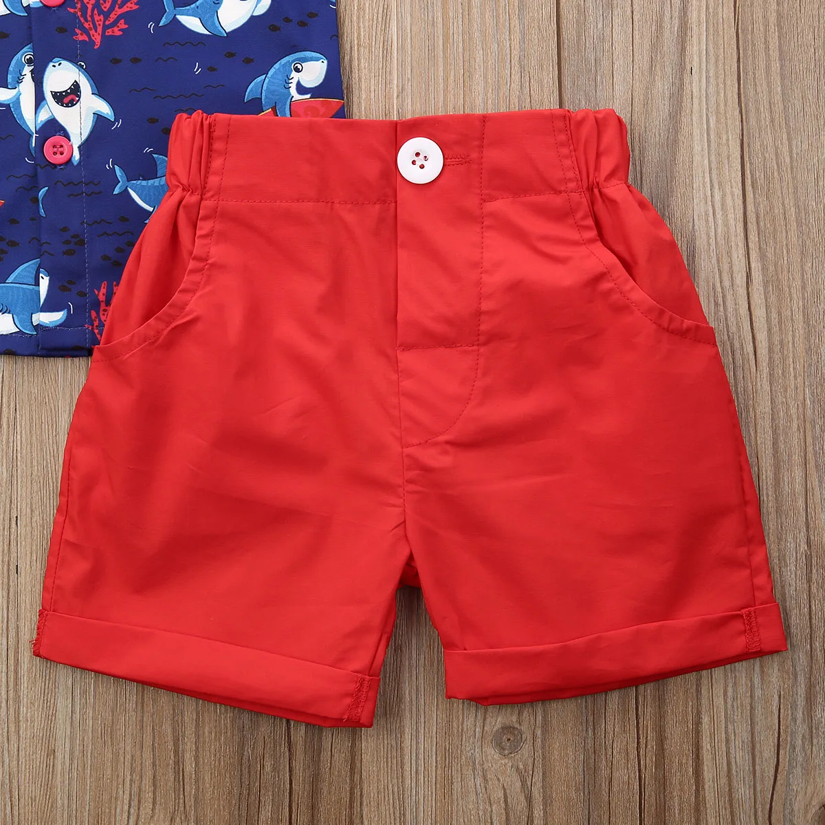 Baby Boy s Summer Outfit Sets Short Sleeve Shark Print Button Down Shirt Top Red Shorts