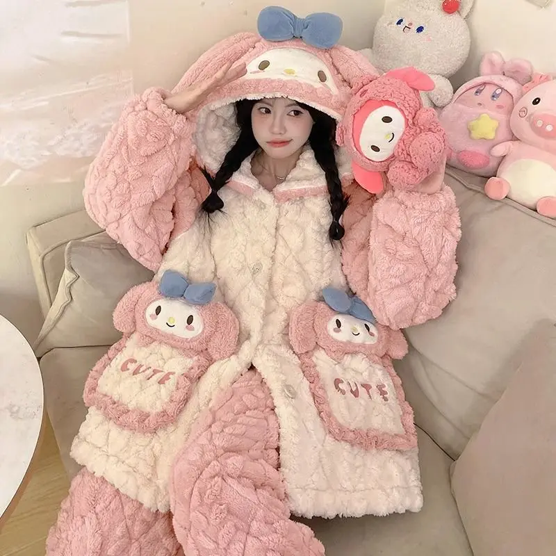 

Аниме Sanrio My Melody коралловый флис трехслойные хлопковые пижамы Hello Kitty женская одежда для сна утолщенная ночная рубашка домашняя одежда