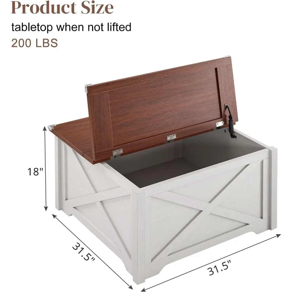 Square Coffee Table with Storage, Farmhouse Rustic White Coffee Tables for Living Room, Wood Center Table with Hinged Lifting