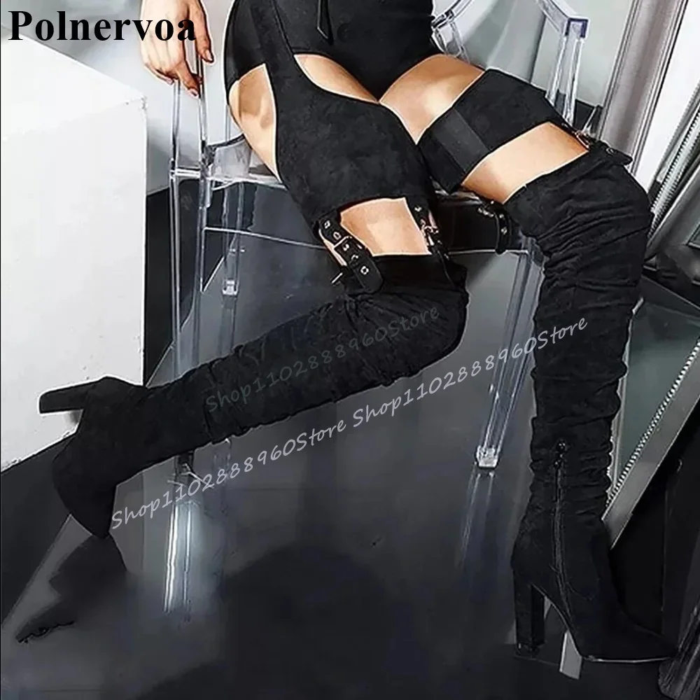 

Western Thigh High Black Flock Trouser Boots Chunky High Heel Shoes For Women Buckle Strap Pointed Toe 2025 Zapatos Para Mujere