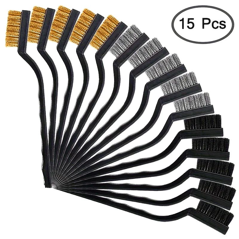 A 15-piece wire brush set (stainless steel + brass + nylon) curved brush set for cleaning, welding slag and rust removal