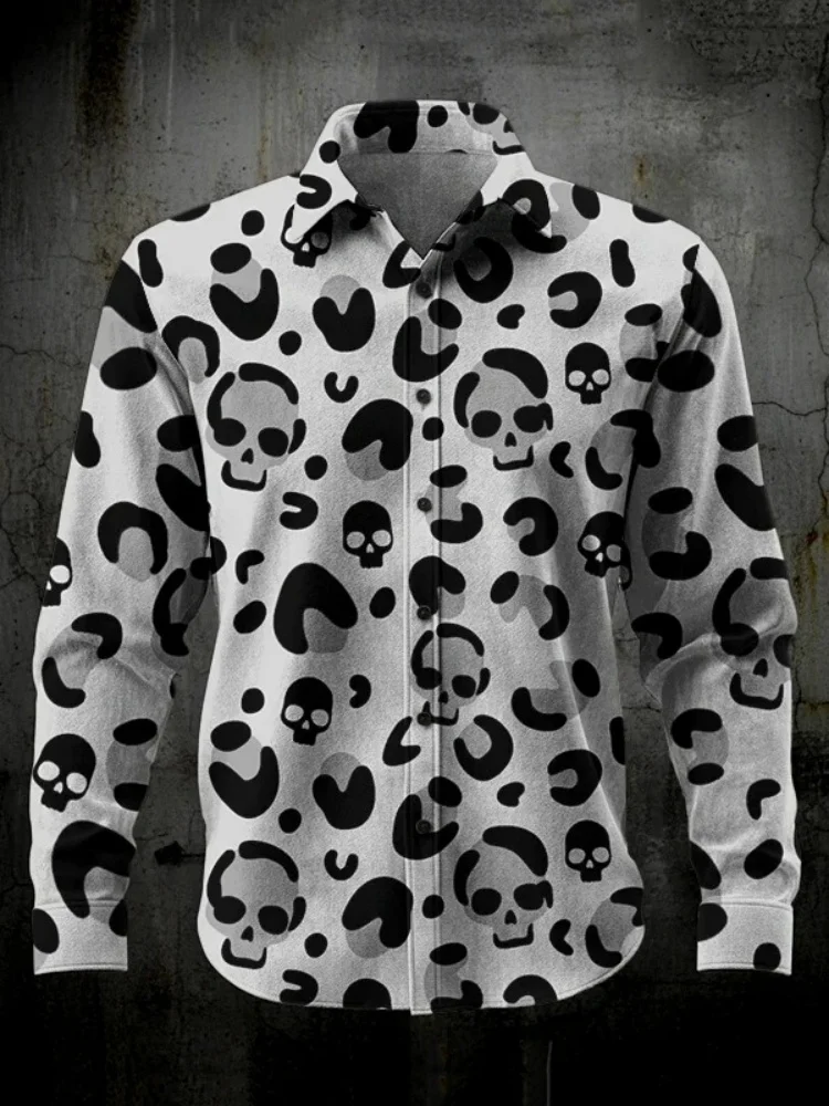 

Мужская рубашка с длинным рукавом с леопардовым принтом «День мертвых» в винтажном стиле Harajuku Y2K Классические блузки с лацканами Повседневный свободный шикарный топ