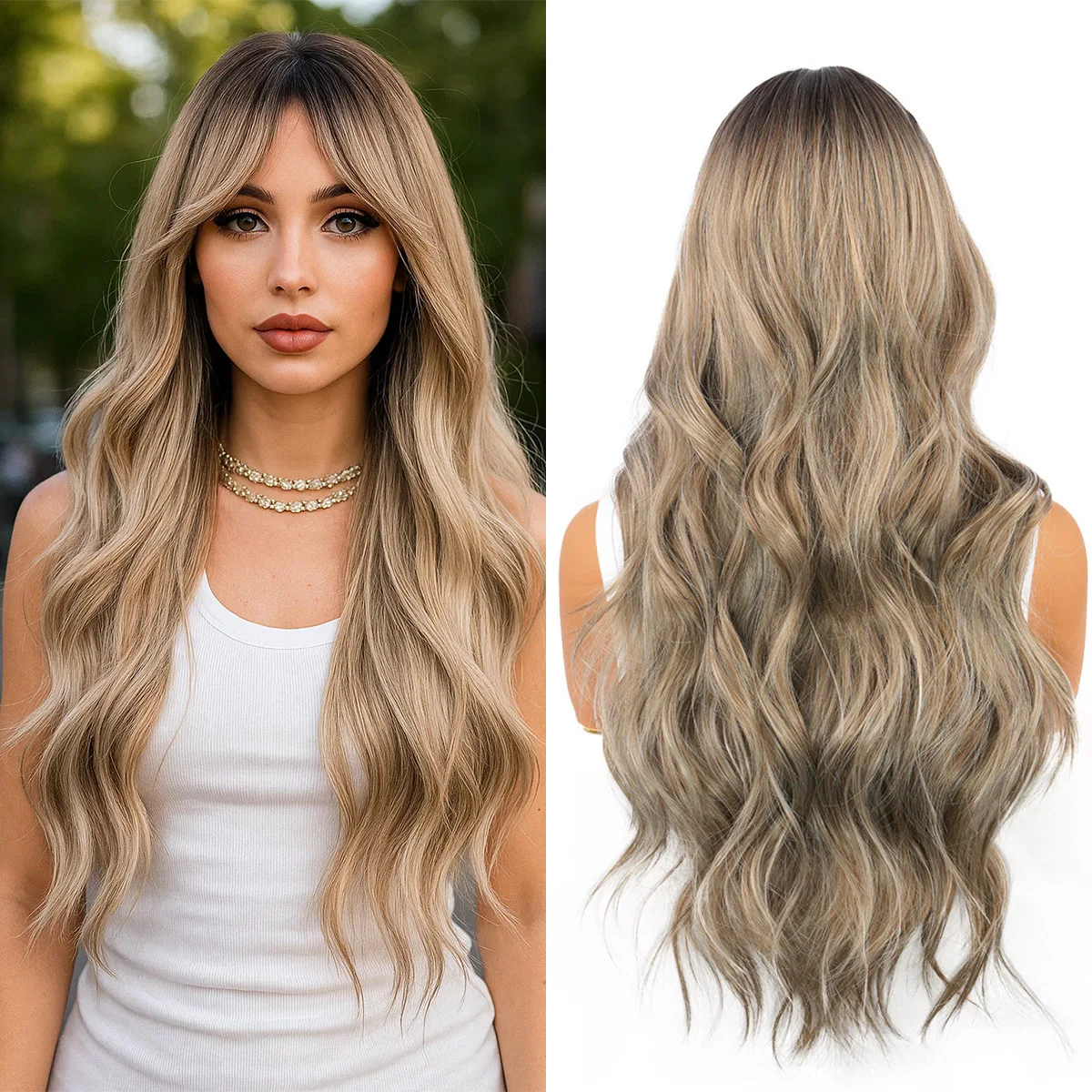 

Water Wave Wigs for Women Long Wavy Brown Mixed with Blonde Wig with Bangs Cosplay Party Wigs Heat Resistant Synthetic 26 Inch