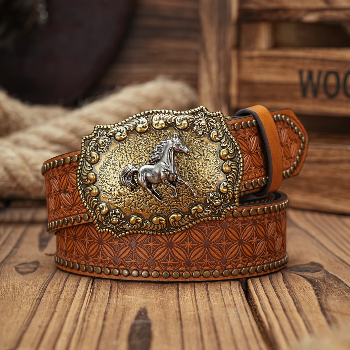 Men & Women-Western-Cowboy-PU Leather-Belts - Vintage horse Belt Floral Engraved Buckle Belt for Jeans