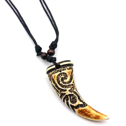 Collar de tótem de dragón tallado de hueso de Yak de imitación para hombres y mujeres, colmillos de diente de lobo de diente de Animal, colgante de amuleto