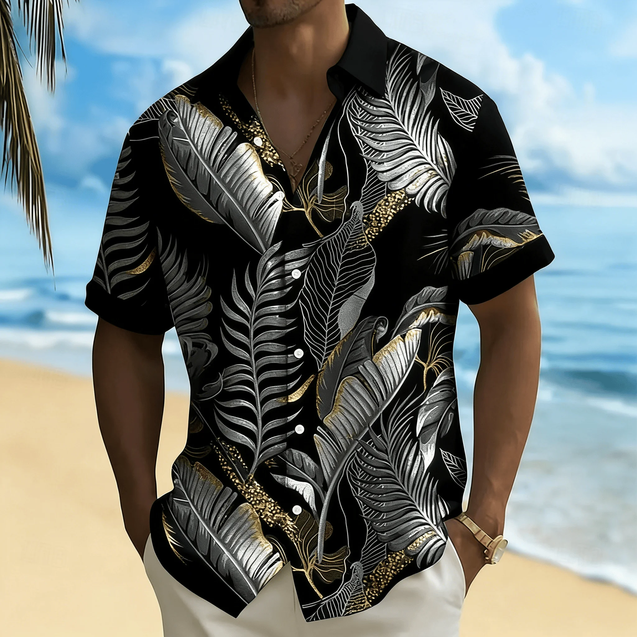

Men's Tropical Leaf Print Short Sleeve Shirt, Silver & Gold Palm Leaves Pattern Button Down for Spring Summer Vacation
