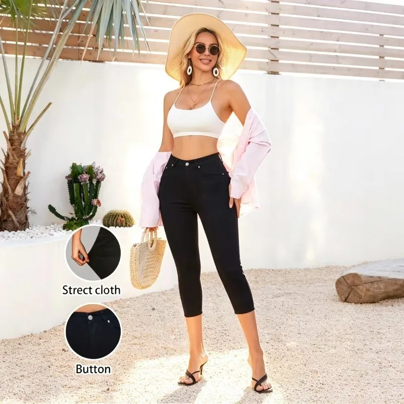 2026 New Hot Selling Women Solid Black Cropped Jeans, Slim Fit Stretch Casual Versatile Daily Denim Pants