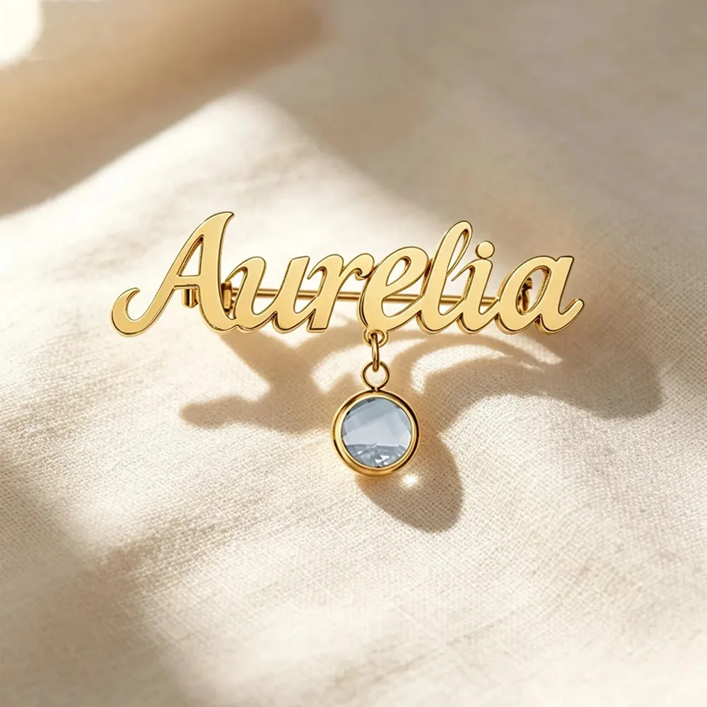 Custom Cursive Brooch Gold Plated Stainless Steel Handmade Gemstone Jewelry Personalized Birthstone Name Pin Birthday Gift