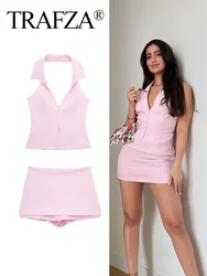 TRAFZA 2024 Women Pink Shorts Set Elegant Mini Skirts Shorts + Solid Slim Halter Neck Sleeveless Backless With Zipper Tank Tops