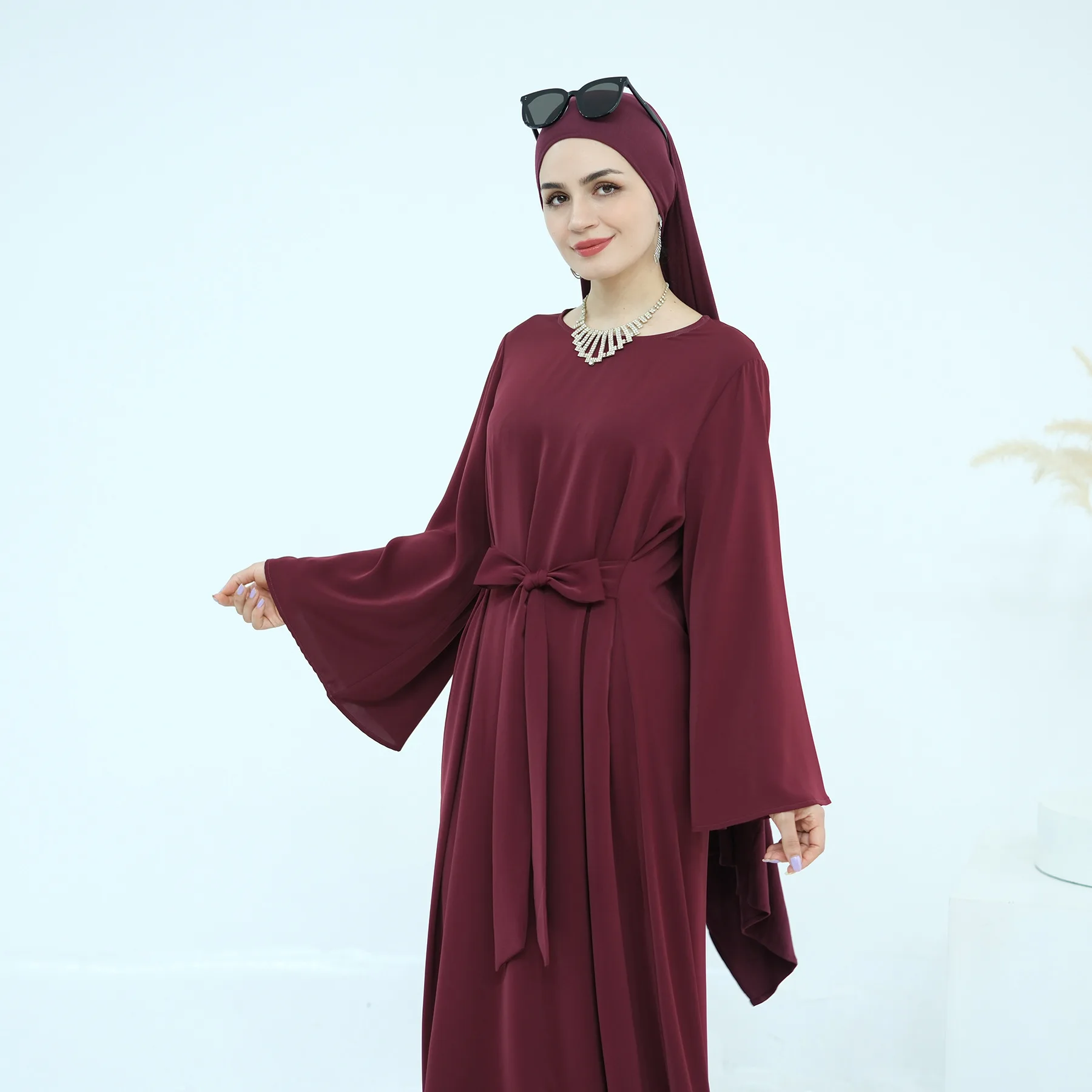 

Modest Dress Solid Color Dresses Muslim Women Dubai Abaya Ramadan Islam Clothing Kaftan Turkey Arabic Robe Party Gown Vestidos