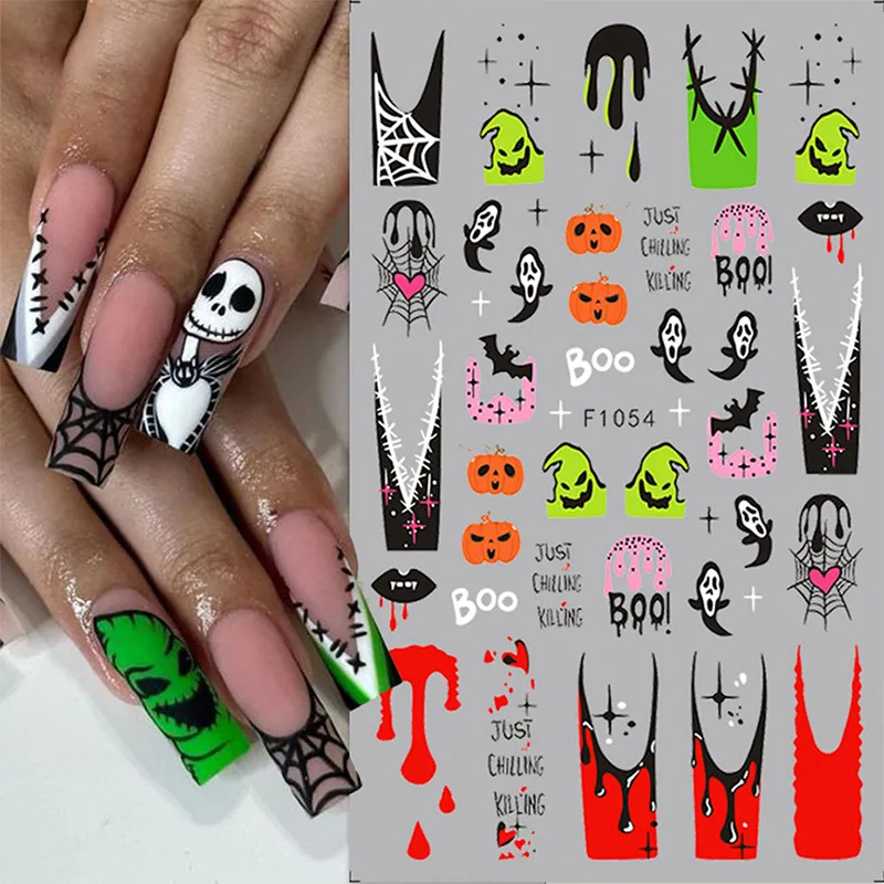 2024 New Halloween Nail Stickers Kawaii Cartoon Cat Nail Supplies Nail Decal Y2K Skull Bat Pumpkin Stickers For Nails Decoration