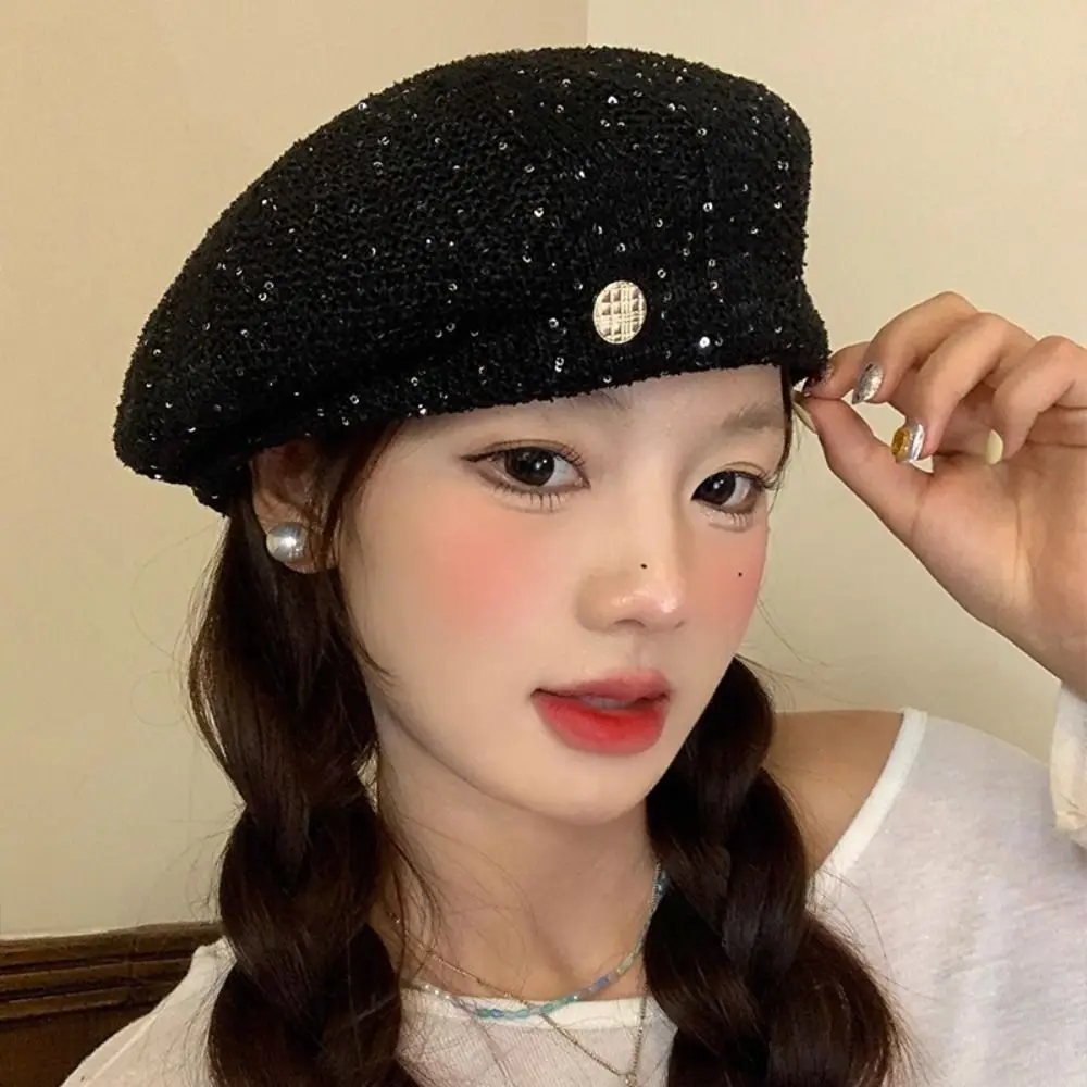 

Brimless Cap Breathable Sequin Beret Hat Paillette Hollowed Out Weave Hat Fashionable Vintage Crochet Knitted Cap Summer