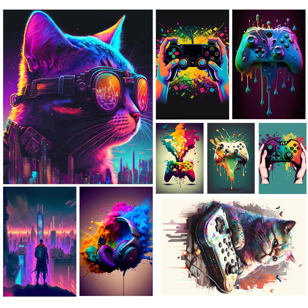 

Modern poster gaming teenager cat headset gamepad street art graffiti home living room bedroom internet cafe decorative painting