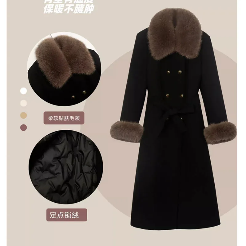 Large Fur Collar Black Coat For Women's Autumn Winter Haute Couture Down Waist Down Collar Temperament Long Lace-Up Windbreake