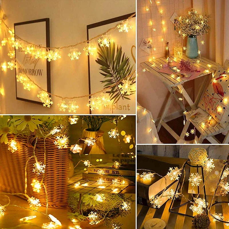 10M 80LED LED Snowflake Garland Festoon 220V Christmas Fairy String Lights Outdoor For New Year Tree Festival Party Home Decor