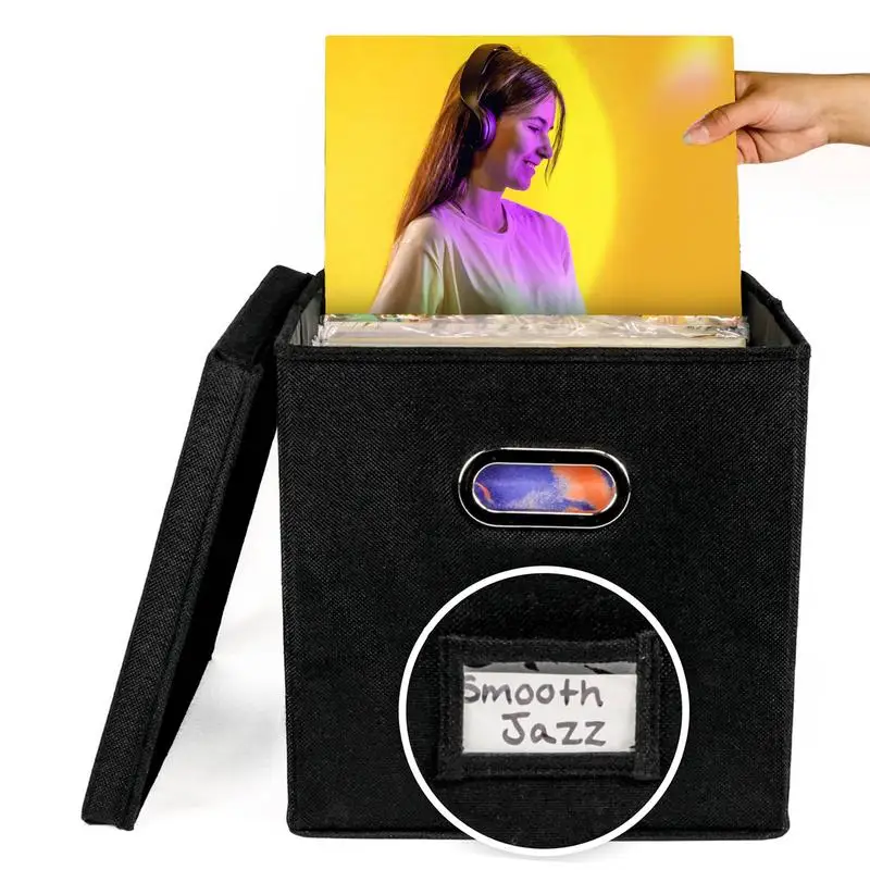 

Record Storage Box Album Holder with Lid and Handle Decorative Moving Box Cabinet Organizer Case for 50 12-Inch Records storage