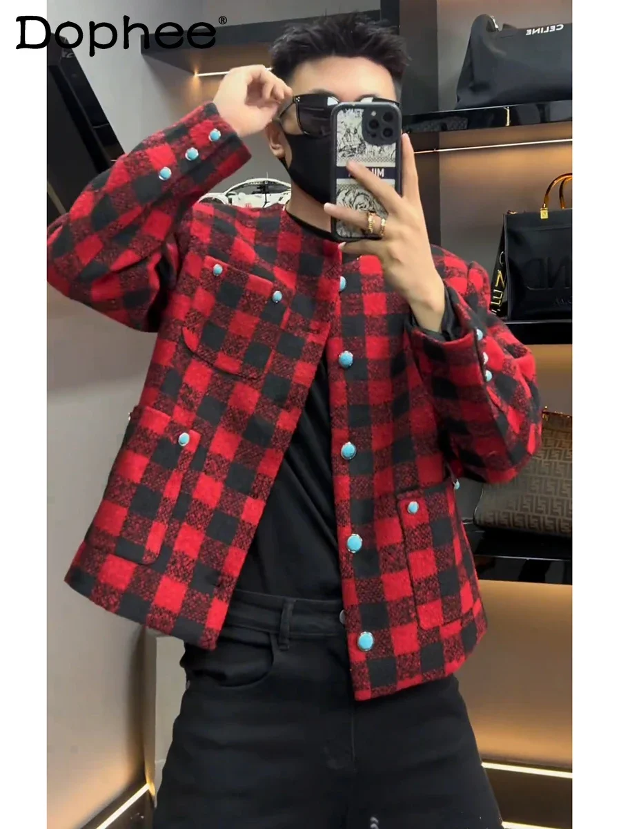 

Fashion 2024 Autumn Solid Color Trendy Plaid Coats Men Women Small Fragrant Short Jackets Collarless High-end Long Sleeve Jacket