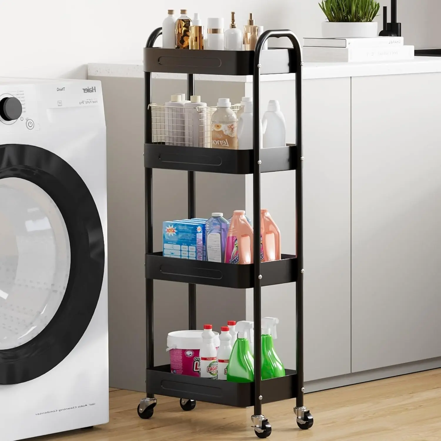 

4-уровневая узкая передвижная тележка для хранения на колесиках для прачечной, узкая металлическая полка для небольших помещений, черная