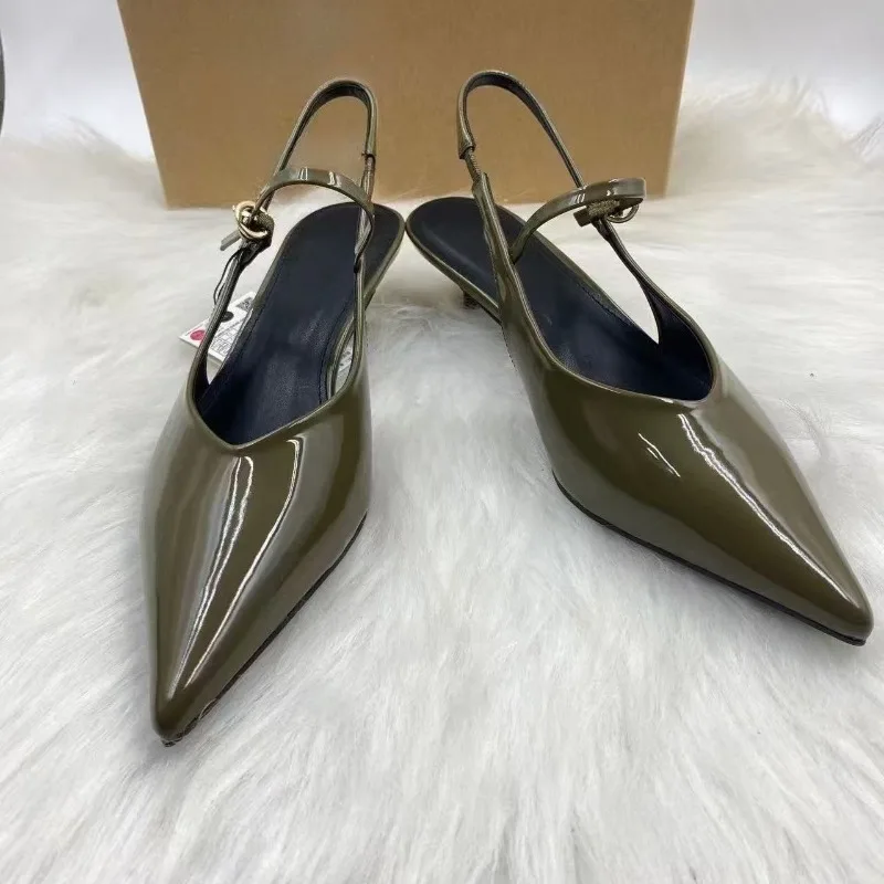 

Элегантные женские туфли-лодочки на каблуке «котенок» с открытой пяткой, дизайн с острым носком и пряжкой на ремешке, брендовая удобная офисная женская обувь больших размеров