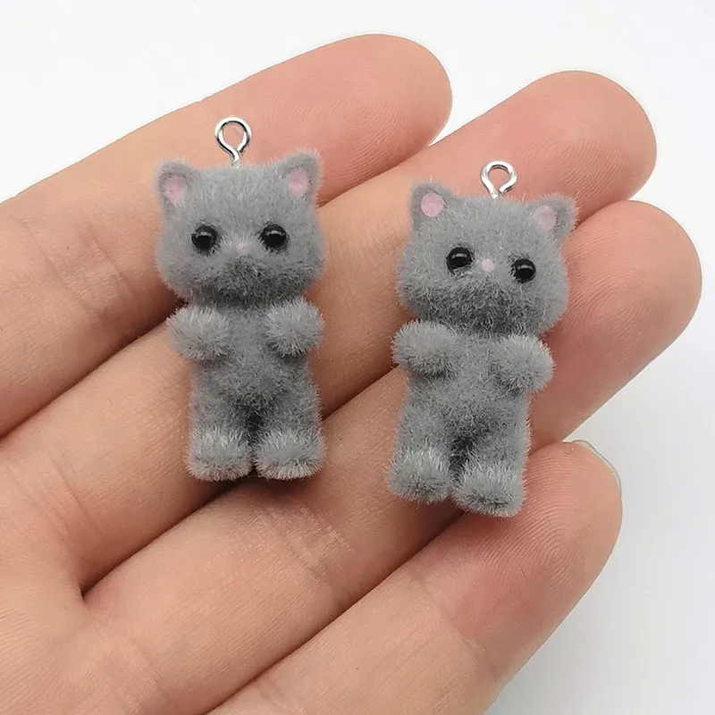 2pcs Cute 3D Fluffy Flocking Resin Cat Charms