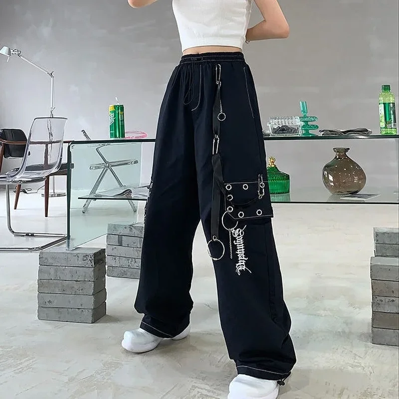 

Female Hippie Harajuku Punk Female Gothic Chain White Loose Wide-leg Pants Street Style Gothic Black Embroidered Overalls