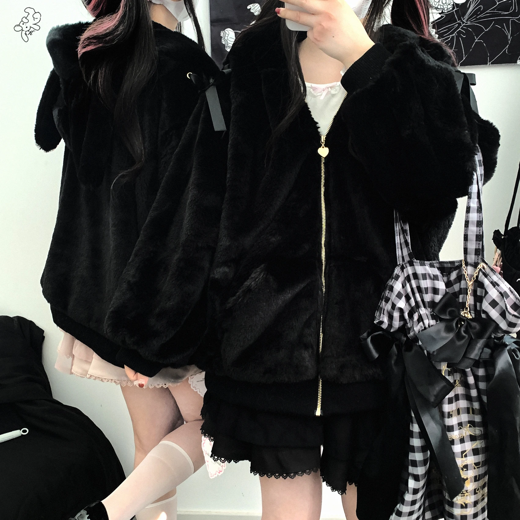 Japanese Style Tie-Up Long Sleeve Sweet Pink Plush Bunny Ear Zipper Lace-Up Hooded Jacket Winter Clothes Women Faux Fur Coats