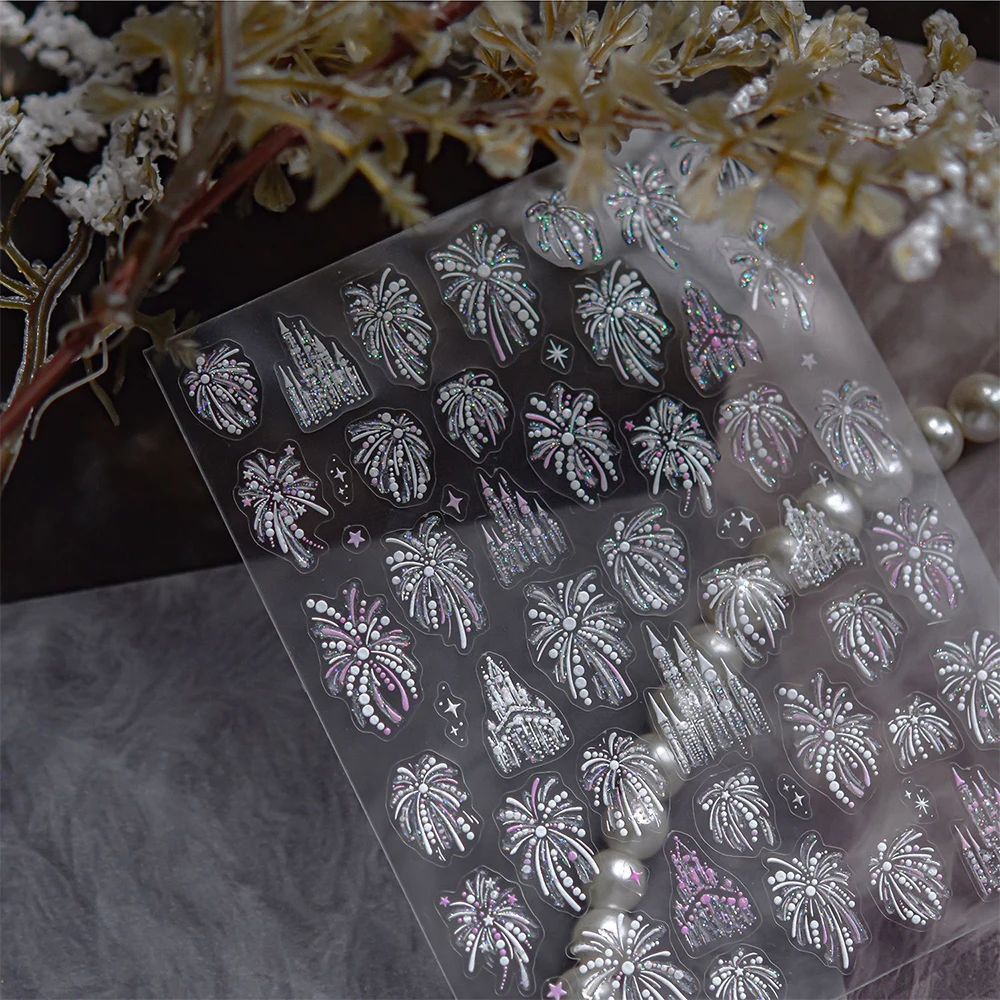 1 Uds. De pegatinas para uñas de fuegos artificiales de gelatina deslumbrante 5D en relieve, perla blanca dorada brillante, calcomanía para uñas de castillo de fuegos artificiales, decoración para uñas de Año Nuevo